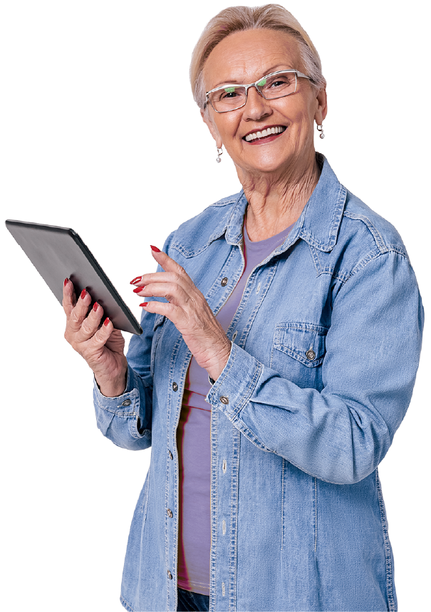 Smiling older woman using a tablet, accessing digital women's health information and online resources.