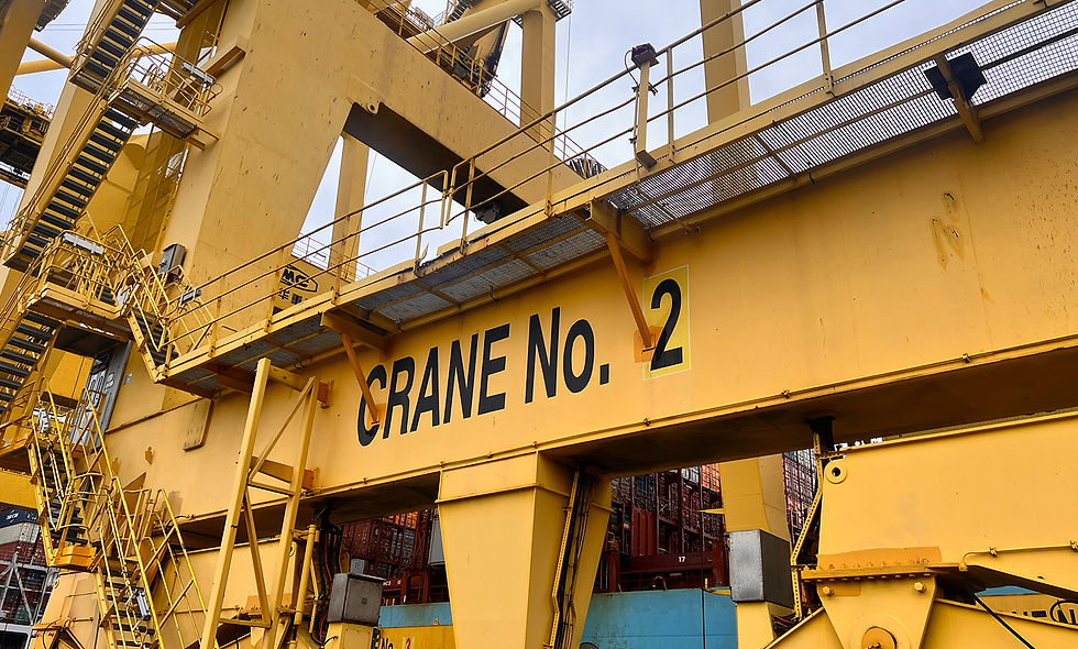 - Large crane lifts object at industrial site with gantry structure, pipes, and safety barriers.