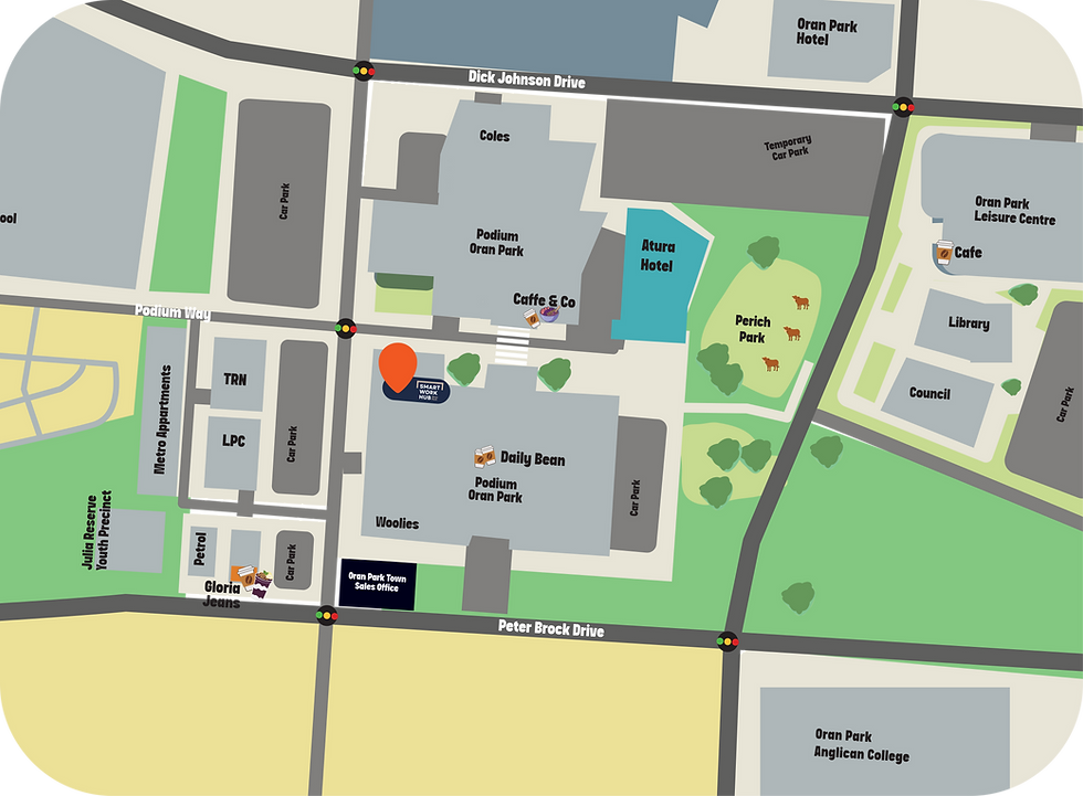Illustrated map showing the Smart Work Hub location at Podium Oran Park between Dick Johnson Drive and Peter Brock Drive