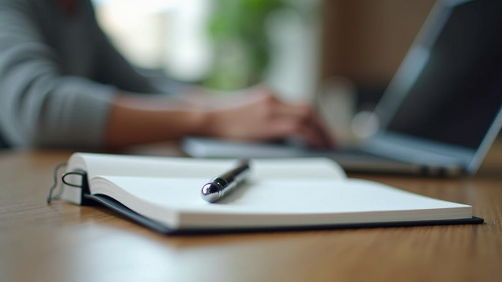 Close-up view of a notebook and pen beside a laptop during an online group session
