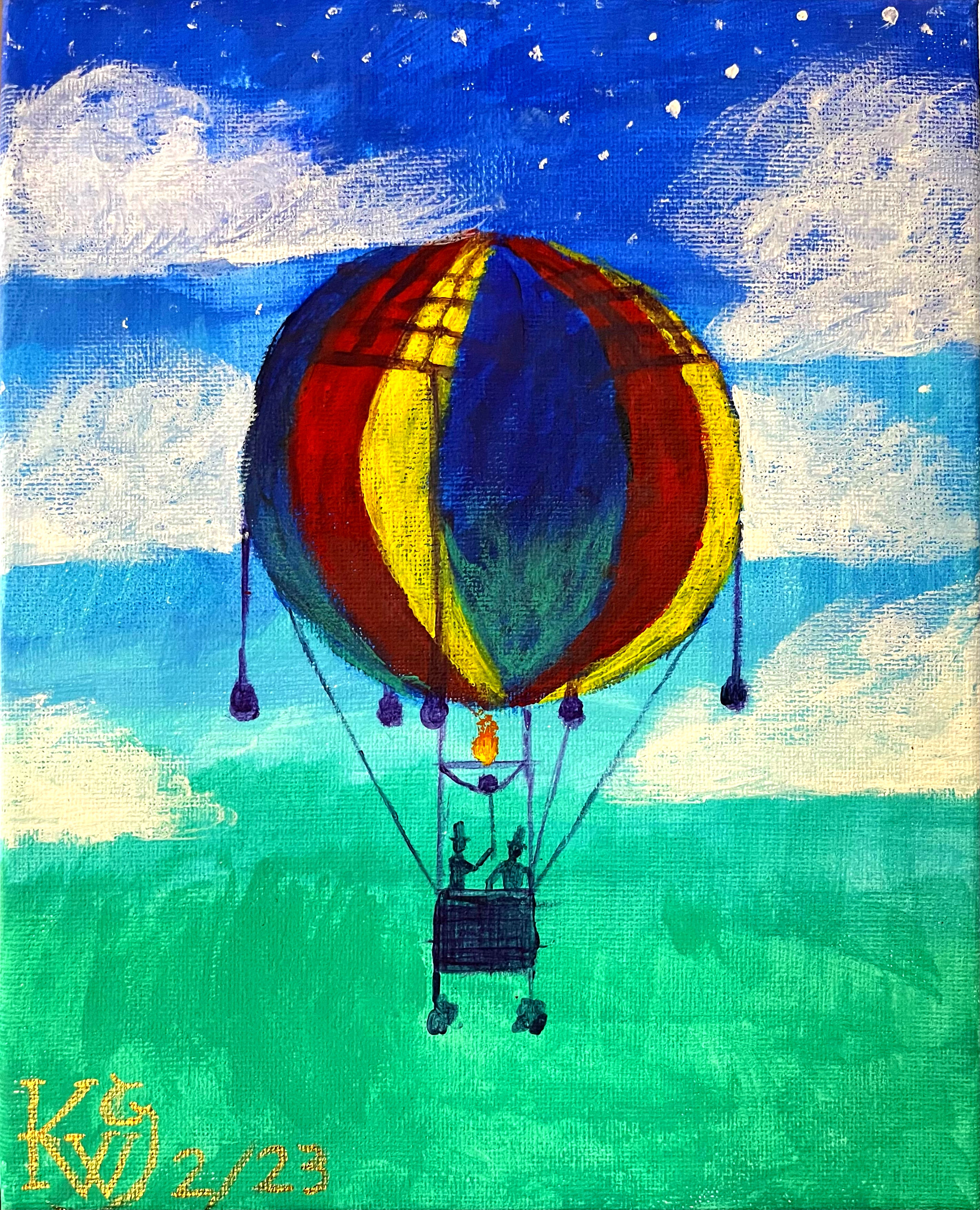 A hot air balloon with two gentlemen in top hats ascends into the sky. The balloon is striped with red, blue and yellow, and clouds surround it.