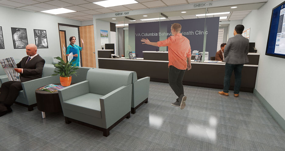 Rendering of the lobby area of the VA Columbia Behavioral Health Clinic in Missouri. Shows the reception area with a staff person checking in a patient. There is another patient reading a paper in the seating area. A third patient is walking toward a nurse who is standing in a doorway. The nurse has called the patient for their appointment and the patient has their hand raised, waving a greeting of hello to the nurse.