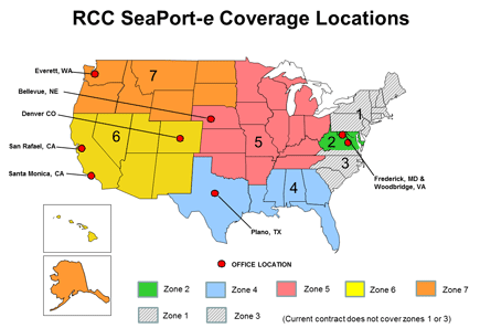Map of SeaPort-e U.S. Coverage Locations. 7 Zones. 1=North East (New England area); 2 = Virginia; 3= South East US (NC/SC); 4 = South (FL, GA, MS, LA, AL, TX); 5=midwest 15 states; 6=southwest (CA, NV, UT, CO, AZ, NM, HI); 7=North West (OR, WA, ID, WY, MT, SD, ND, AK)