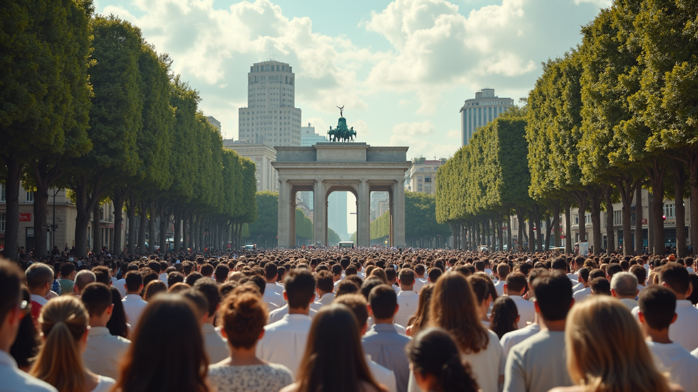 Vista panorâmica de uma praça pública em uma cidade brasileira com pessoas reunidas em oração
