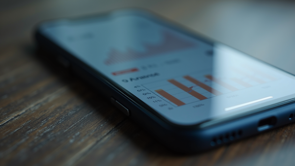 Close-up view of a smartphone displaying a financial app with graphs and charts