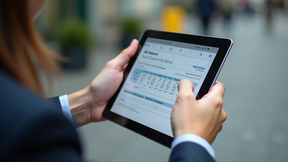 Eye-level view of a person using a tablet to submit VAT return online