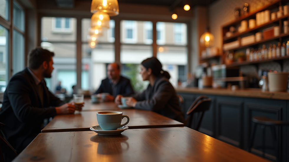 Eye-level view of a local coffee shop with customers enjoying their drinks