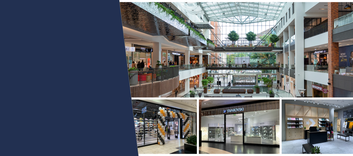Realizacje fit out generalnego wykonawcy C&K Design + Build. Centrum handlowe, wnętrze sklepu Converse. Fasada sklepu Swarovski i sklepu Courir