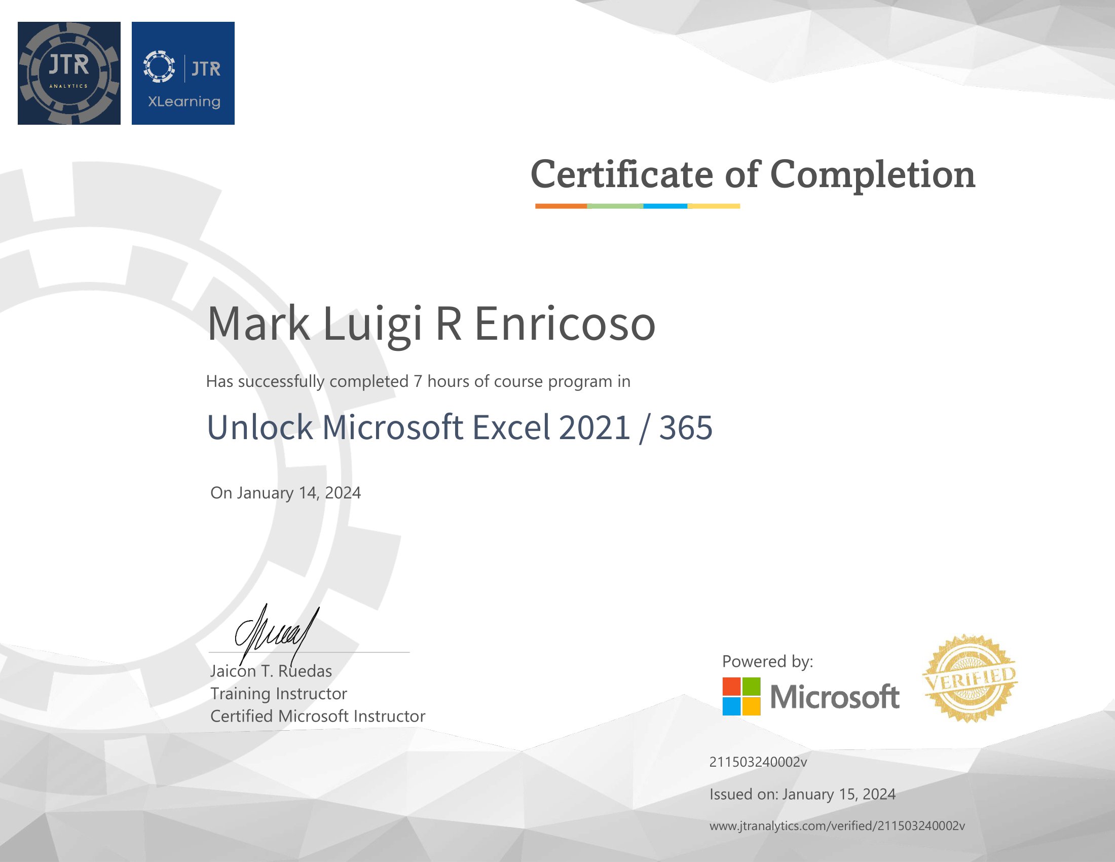 Verified Certification : Unlock Microsoft Excel 2021 / 365