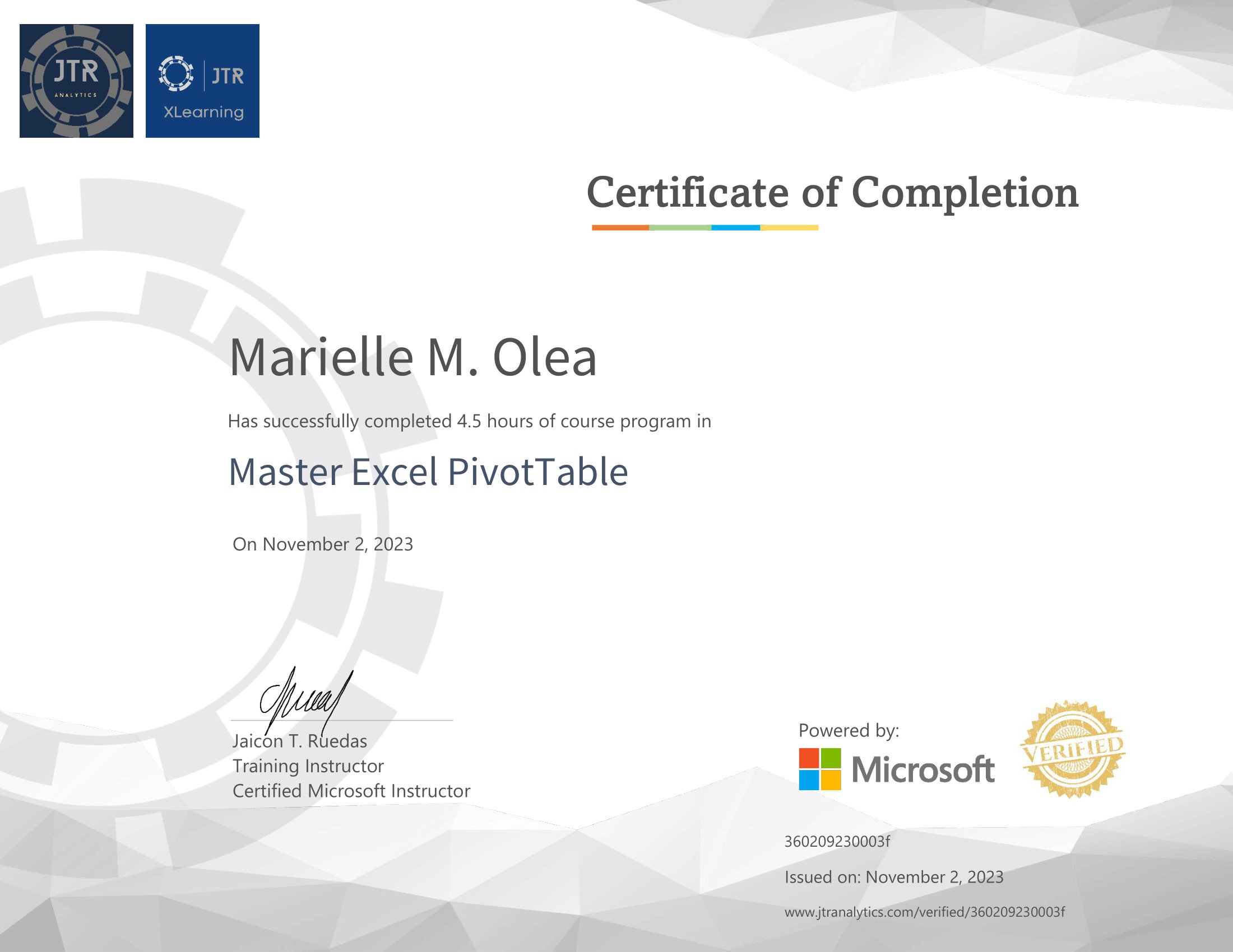 Verified Certification : Master Excel PivotTable