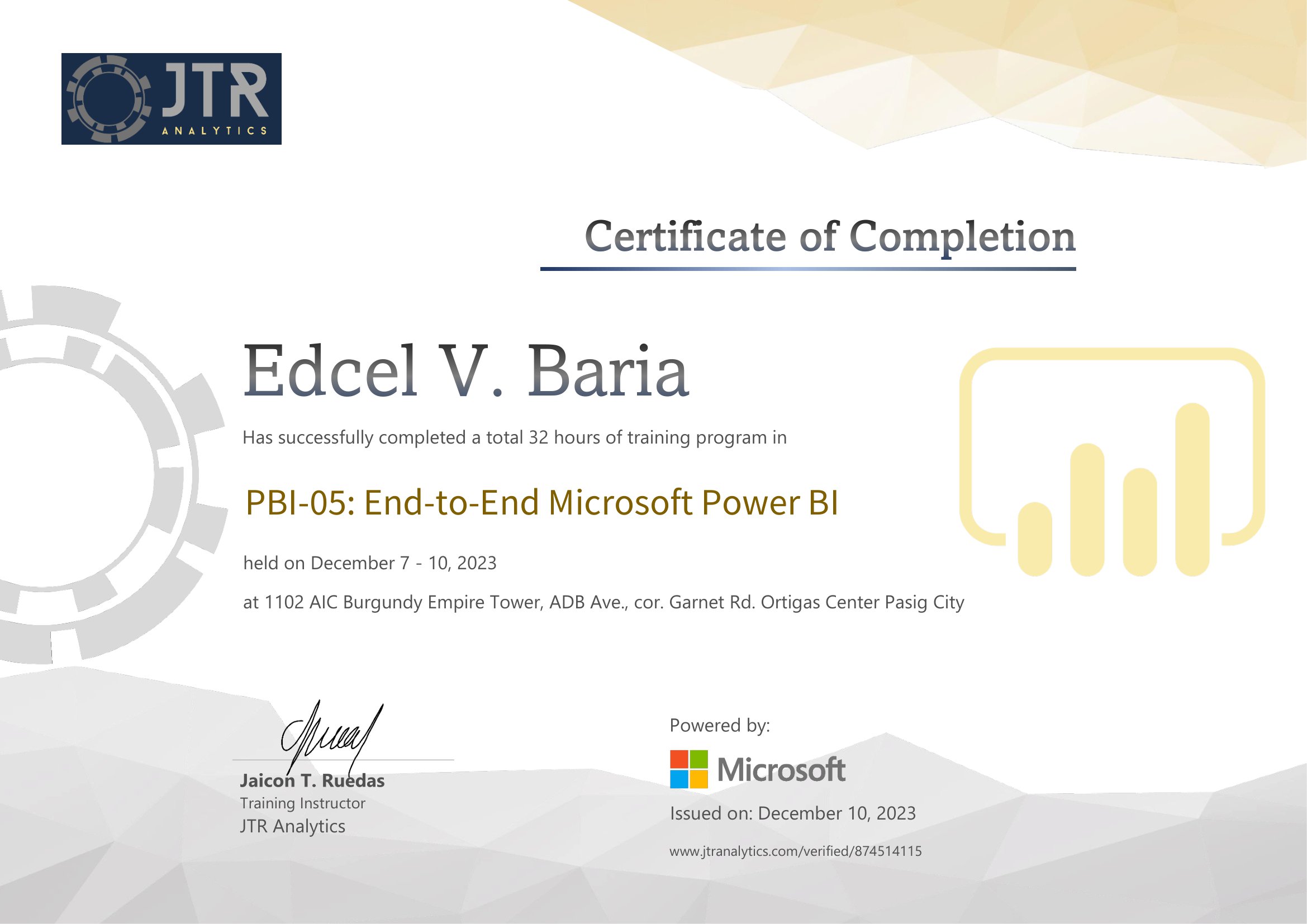 [Certificate] PB05:  End-to-End Microsoft Power BI