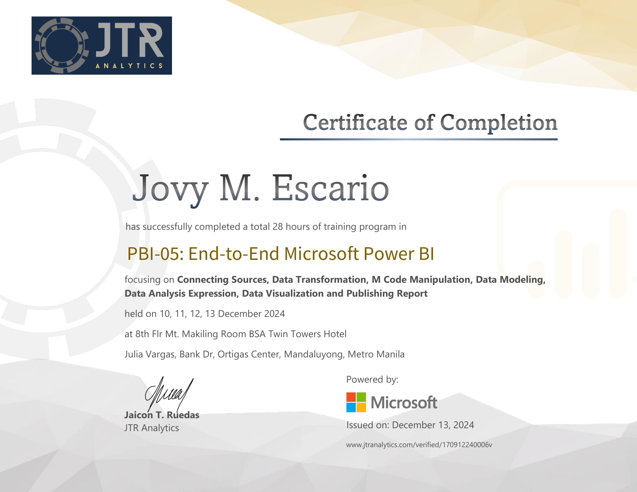 [Certificate] PB05:  End-to-End Microsoft Power BI