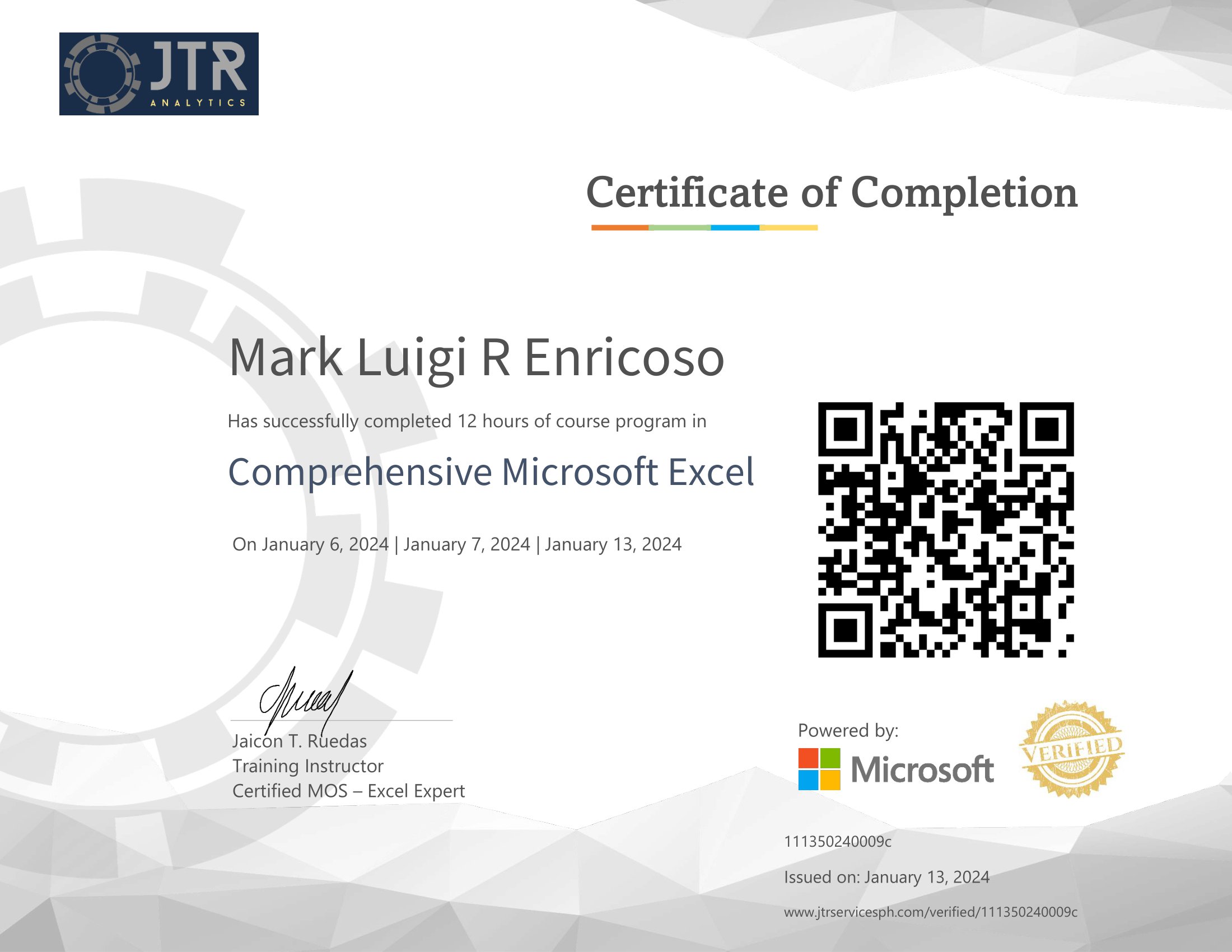 Verified Certification : Comprehensive Microsoft Excel