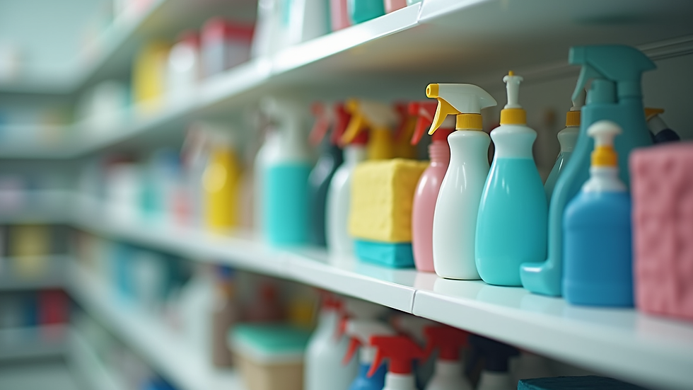 Close-up view of cleaning supplies arranged neatly on a shelf