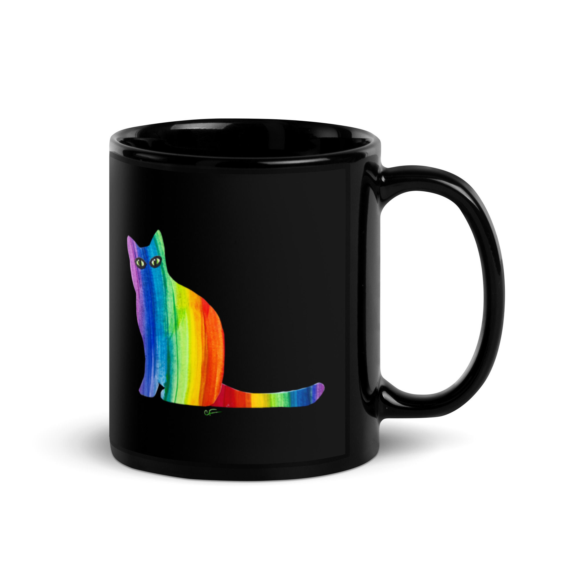 "Rainbow Cat" print on black mug - 11 oz