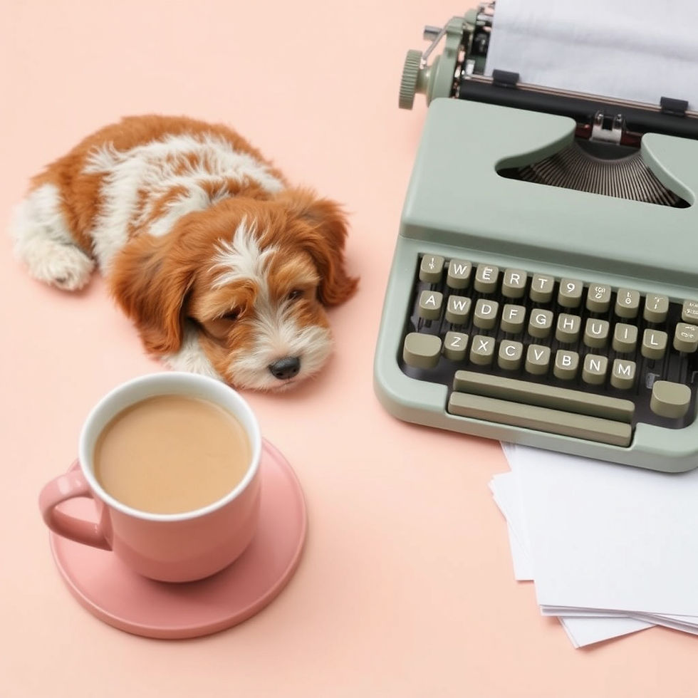 pretty scene with a typewriter, a cup of cocoa, a sleeping red and white aussiedoodle, and