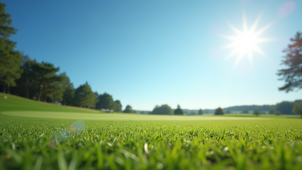 Eye-level view of a golf course with a clear blue sky
