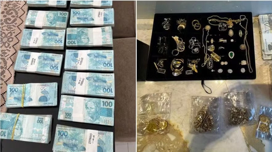 Notas de dinheiro e joias foram apreendidas em operação da PF — Foto: Reprodução