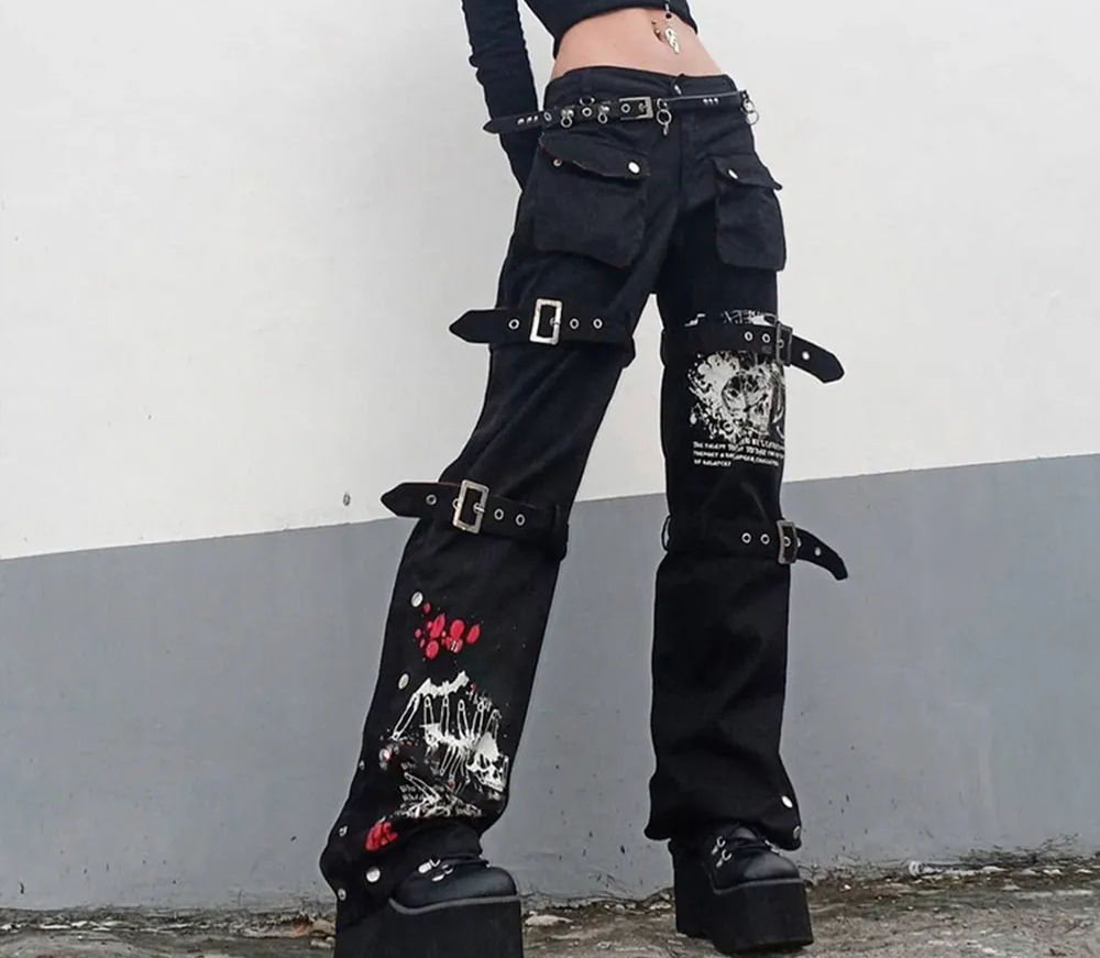 Gothic Emo Alt Cargo Pants Techwear Hippie Baggy Jeans Mom Goth Punk Black Denim
