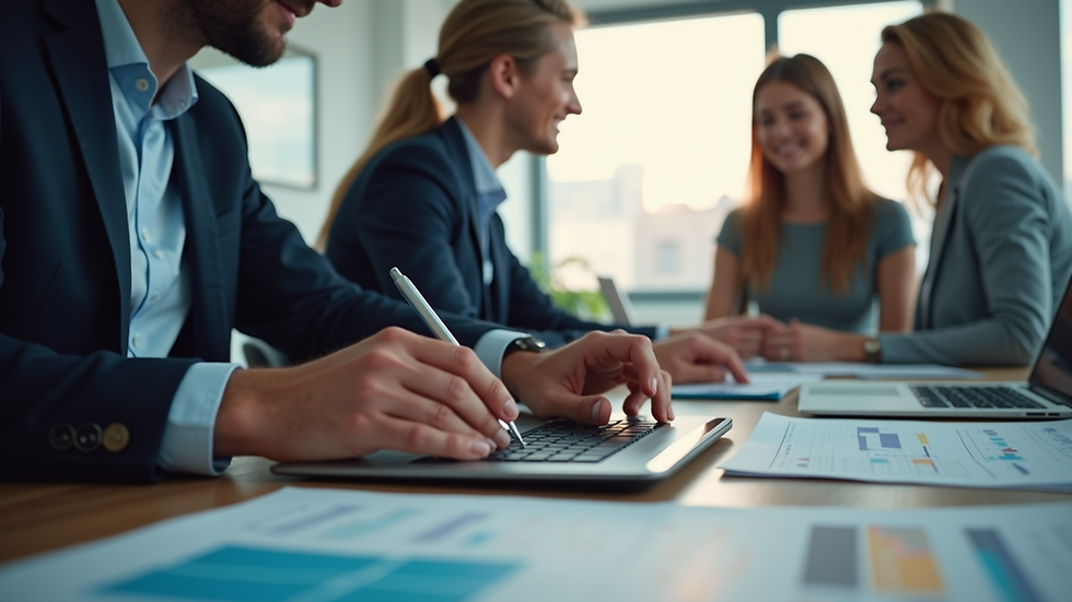 Eye-level view of a business team collaborating on a digital marketing strategy