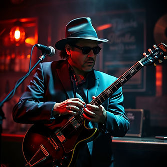 a blues musician in a fedora playing guitar in a smokey bar.jpg