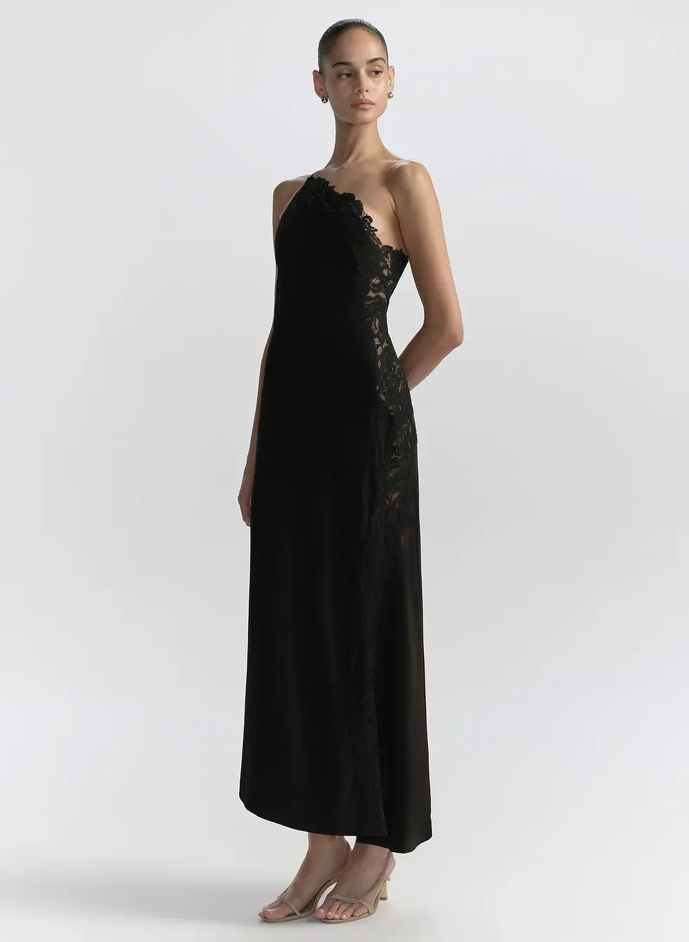תמונה ממוזערת: ALC-Lou Satin and Lace Midi Dress in Black/Black