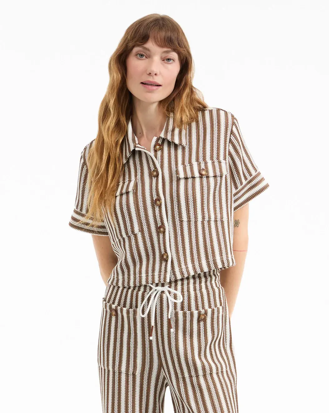 VERONICA BEARD - Bouvier Knit Button-Down Shirt in White/Brown