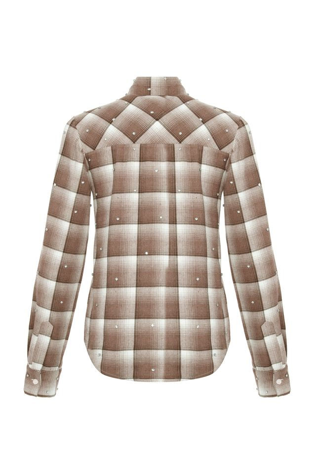 תמונה ממוזערת: THEO THE LABEL - Europa Plaid Flannel Crystal Shirt in  Wheat/Crystal