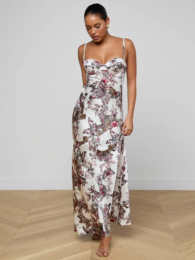 תמונה ממוזערת: L'AGENCE - Sayla Silk Gown in White Multi Large Butterfly Jungle