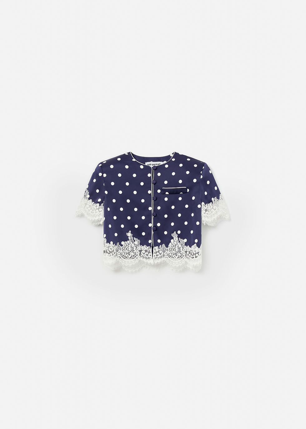 תמונה ממוזערת: SELF-PORTRAIT- Navy Polka Dot Satin Top