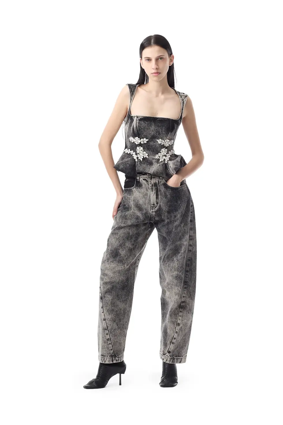 תמונה ממוזערת: MARQUES ALMEIDA - DENIM GREY ACID WASH EMBELLISHED CORSET