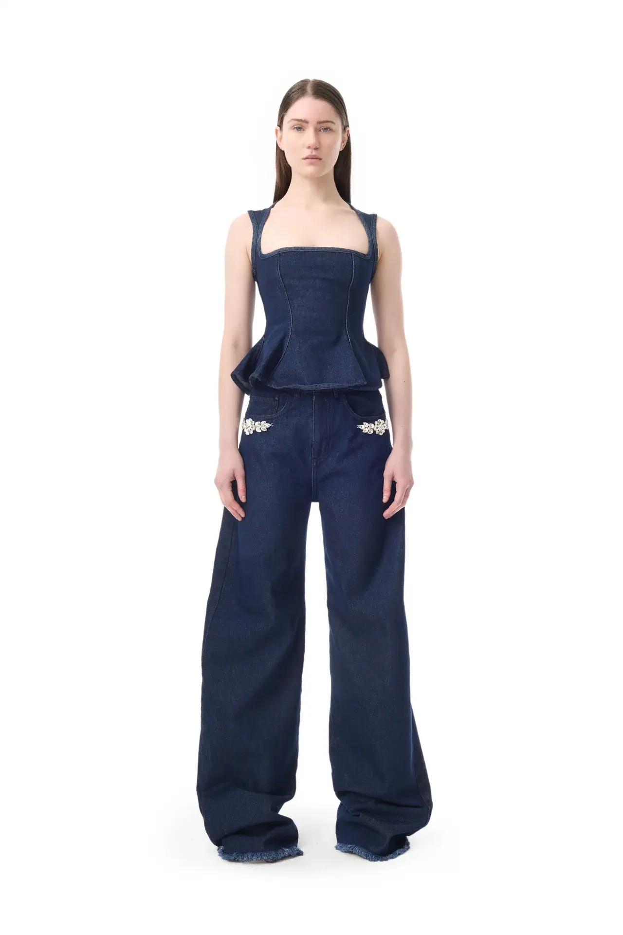 MARQUES ALMEIDA - INDIGO DENIM EMBELLISHED BOYFRIEND TROUSERS