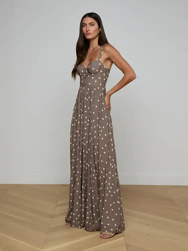 תמונה ממוזערת: L'AGENCE - Rosette Maxi Dress in Cardamom/Ecru Polka Dot