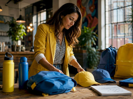 Marketing manager arranging branded merchandise samples