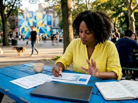 Woman reviewing creative agency comparison documents