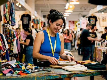 Young woman inspecting custom branded merchandise in NYC studio