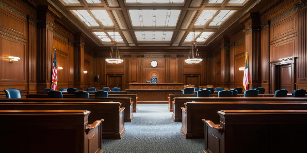 Empty courtroom with wooden benches and a judge's bench