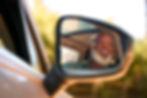 Smiling senior man reflected in a car side mirror
