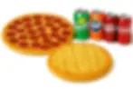 Pepperoni pizza and garlic bread with soda cans