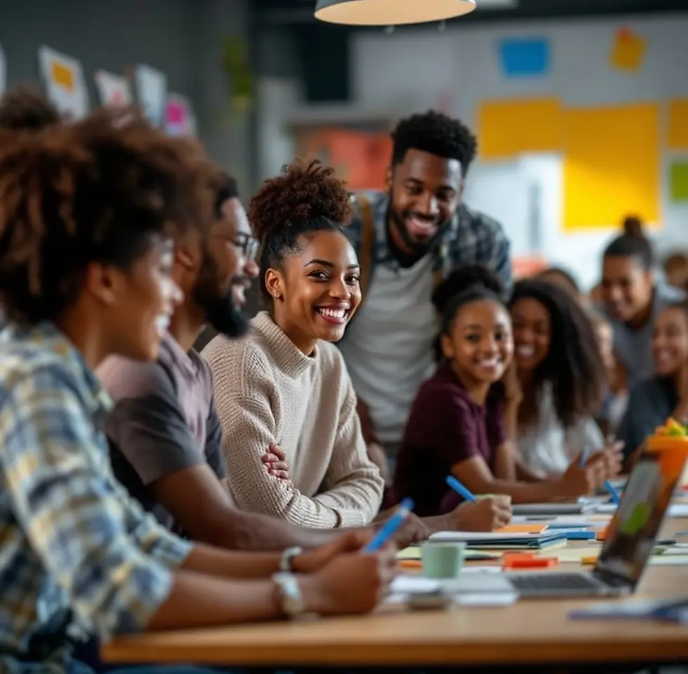 Smiling group of diverse people working together in a bright office.