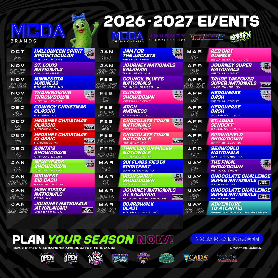 MCDA Brands 2026–2027 events schedule with championship dates and locations.