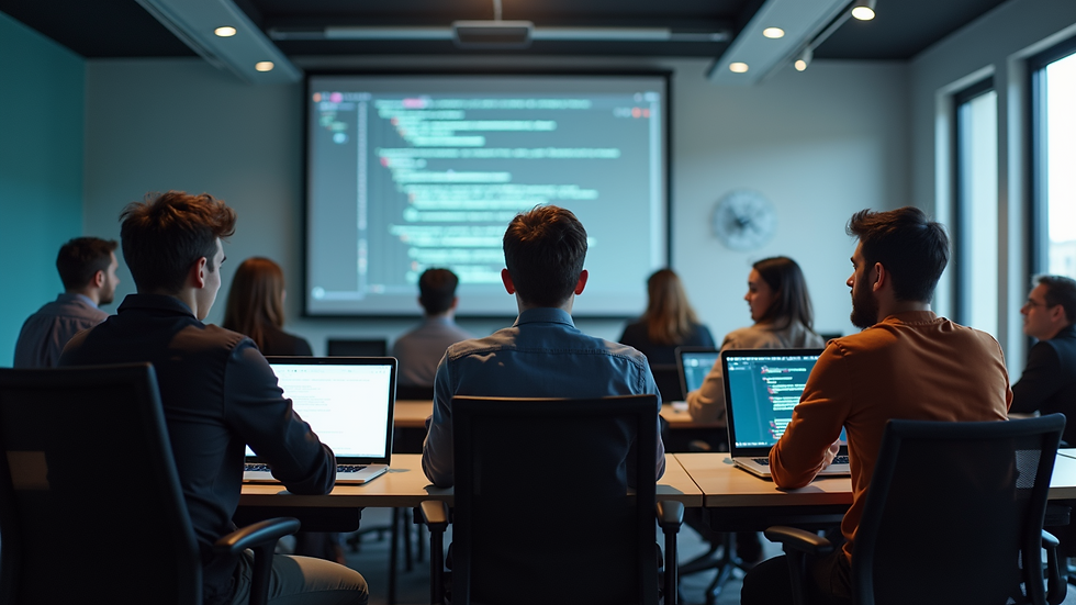 Wide angle view of a coding bootcamp classroom with students engaged in learning