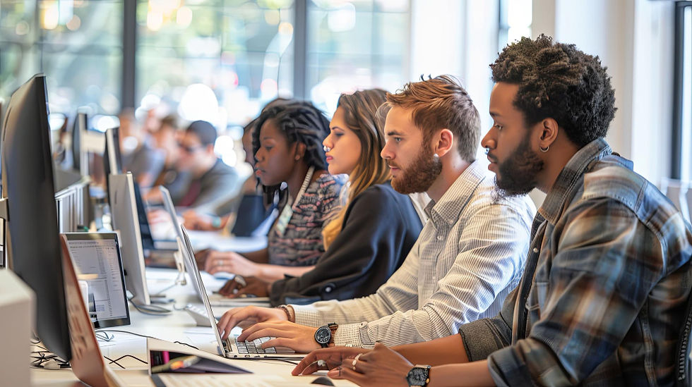 Diverse team of professionals working on computers in an office.