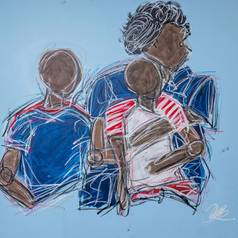 Drawing of three figures wearing red, white, and blue