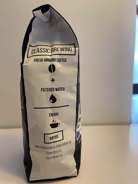 Classic Brewing fresh ground coffee bag, plus filtered water, enjoy, and recipe.