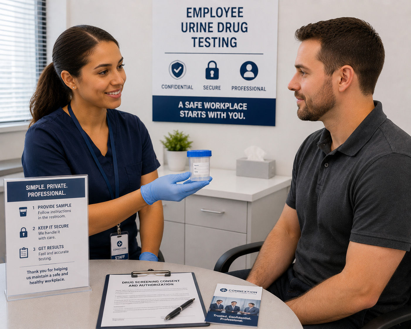 Woman handing man a urine sample cup for employee drug testing.