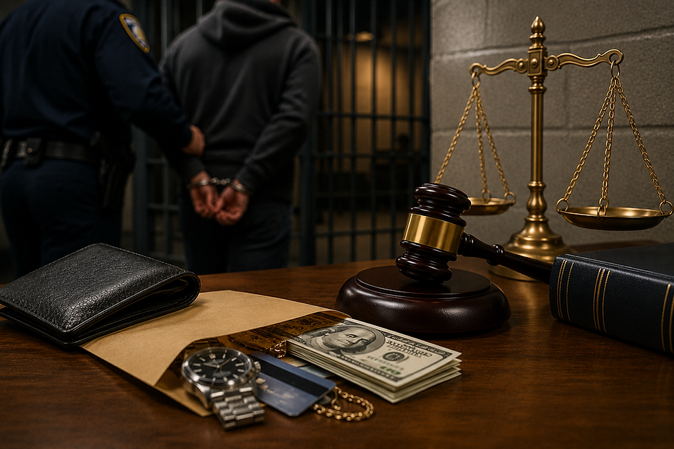 Handcuffed suspect escorted by police behind a desk with gavel, scales, wallet, cash, watch and cards, suggesting corruption.
