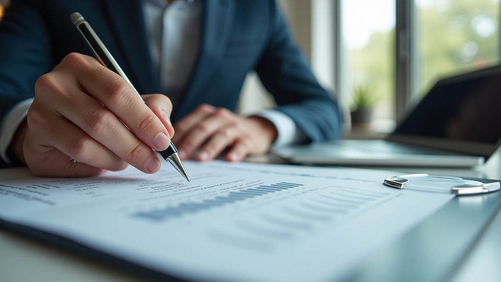 Eye-level view of a person reviewing financial documents