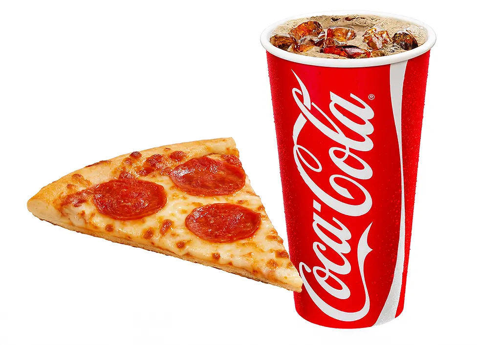 Slice of pepperoni pizza with Coca-Cola