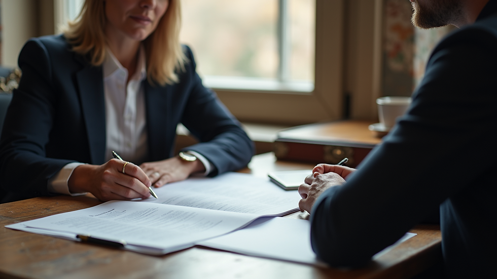 High angle view of a lawyer and client discussing documents
